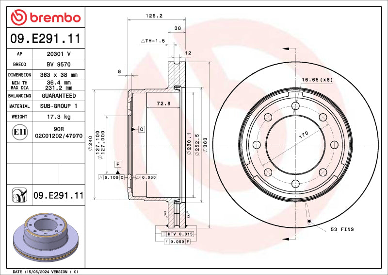 Brembo OE 09.E291.11 16-17 fits Volvo XC60 Front UV Coated Rotor