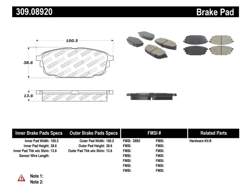 Stoptech 309.0892 Performance Brake Pads