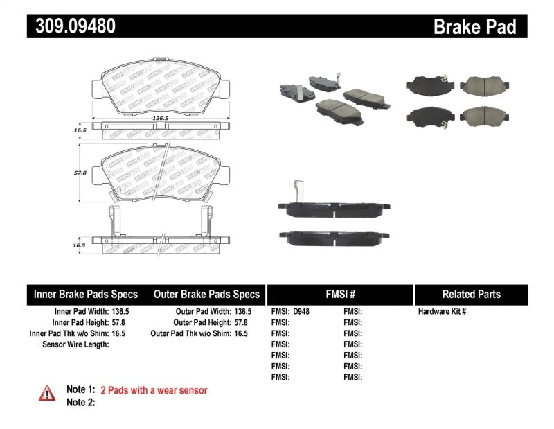 Stoptech 309.0948 Performance 06-11 Honda Civic Sedan Hybrid Front Brake Pads