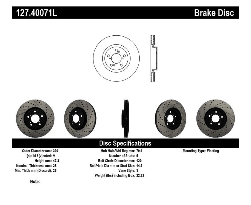 Stoptech 127.40071L 07-08 Acura MDX SportStop Slotted & Drilled Left Front Rotor