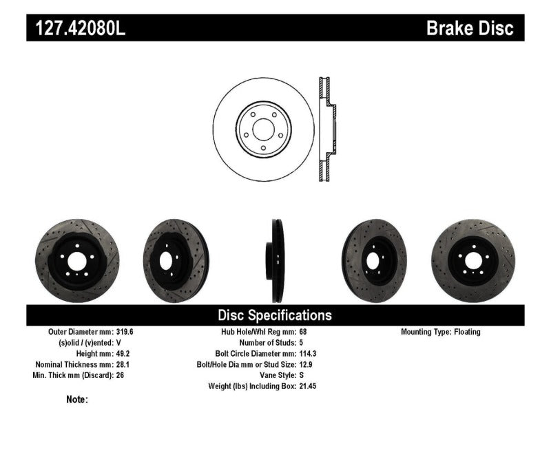 Stoptech 127.42080L 06-07 350Z / 05-07 G35 exp Sport/ 06-07 G35X SportStop Slotted & Drilled Front Left Rotor