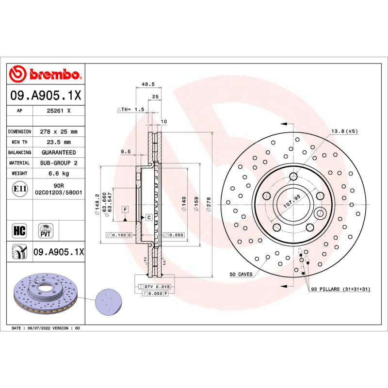 Brembo OE 09.A905.1X 13 18 fits Ford C-Max/12-18 Focus/12-13 Volvo C30/C70 Drill