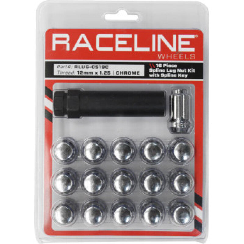 Raceline RLUG-CS19C Spline Lug Nut Kit with Spline Key 12 x 1.25 - 16 Pack - Chr