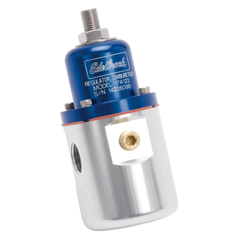 Edelbrock 174122 Fuel Pressure Regulator Carbureted 160 GPH 5-10 PSI 3/8In In/Out Returnless Blue/Clear