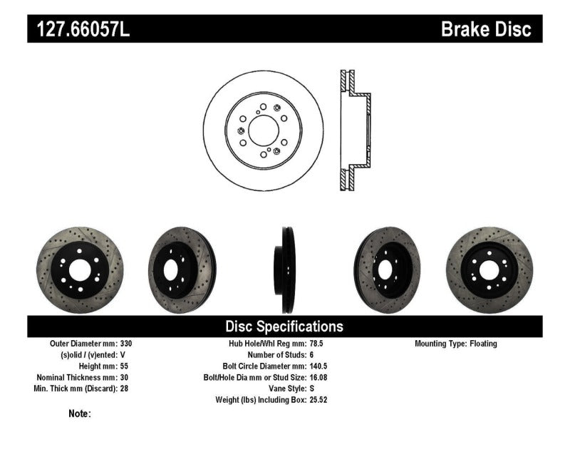 Stoptech 127.66057L 05-10 GMC Sierra 1500 (w Rear Drum) / 07-09 GMC Yukon Front Left Slotted & Drilled Rotor
