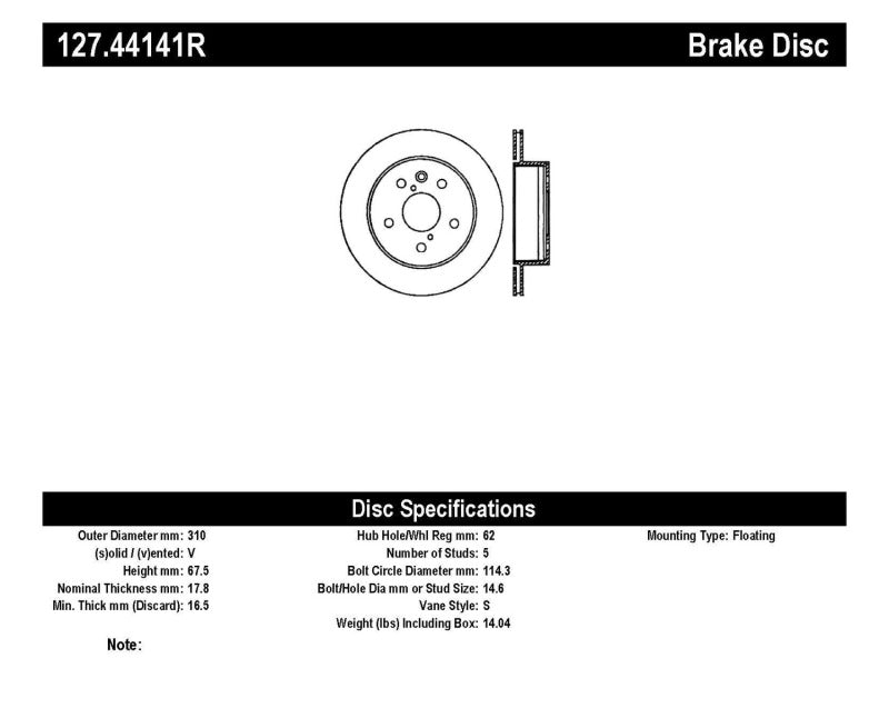 Stoptech 127.44141R Power Slot 06-11 Lexus GS Series / 06-12 IS350 Rear Right Drilled & Slotted Rotor