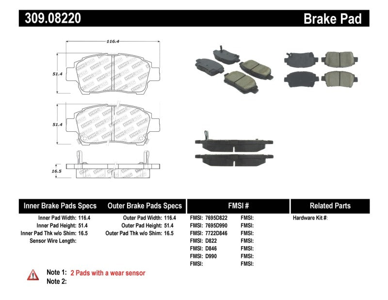 Stoptech 309.0822 Performance 00-05 Spyder MR2 / 00 Celica GT / 04-07 xA/xB Front Brake Pads