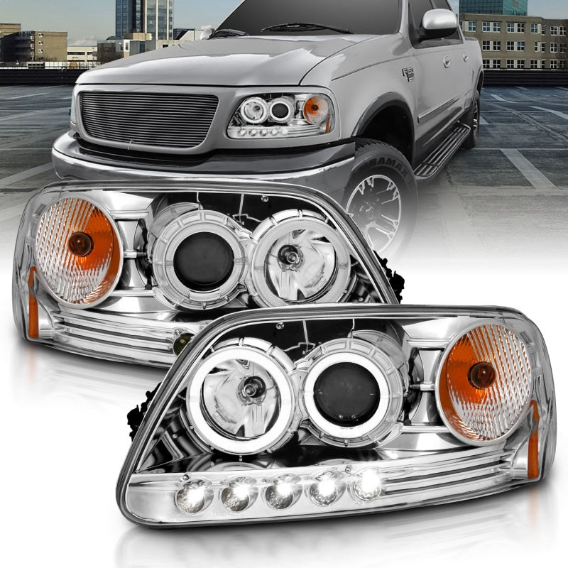 ANZO 111032 1997.5-2003 fits Ford F-150 Projector Headlights w/ Halo and LED Chrome 1pc