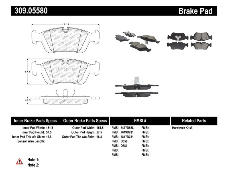 Stoptech 309.0558 fits BMW Z3/Z4/323/325/328 (E30/E36) Front Brake Pads