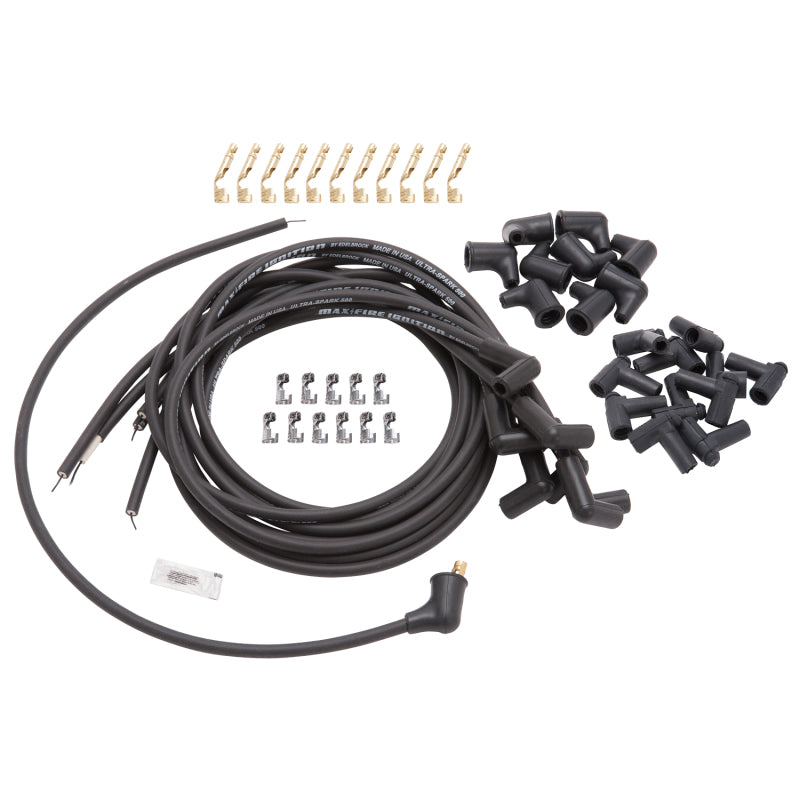 Edelbrock 22701 Spark Plug Wire Set Universal 90 Deg Boots 500 Ohm Resistance 8 65mm Black Wire (Set of 9)