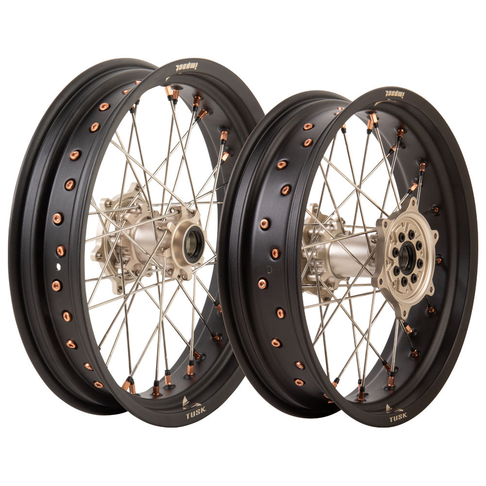 Tusk 2031360004 Impact Supermoto Complete Front and Rear Wheel Set 17 x 3.50 Matte Black Rim/Silver Spoke/Magnesium Hub/Magnesium Nipple