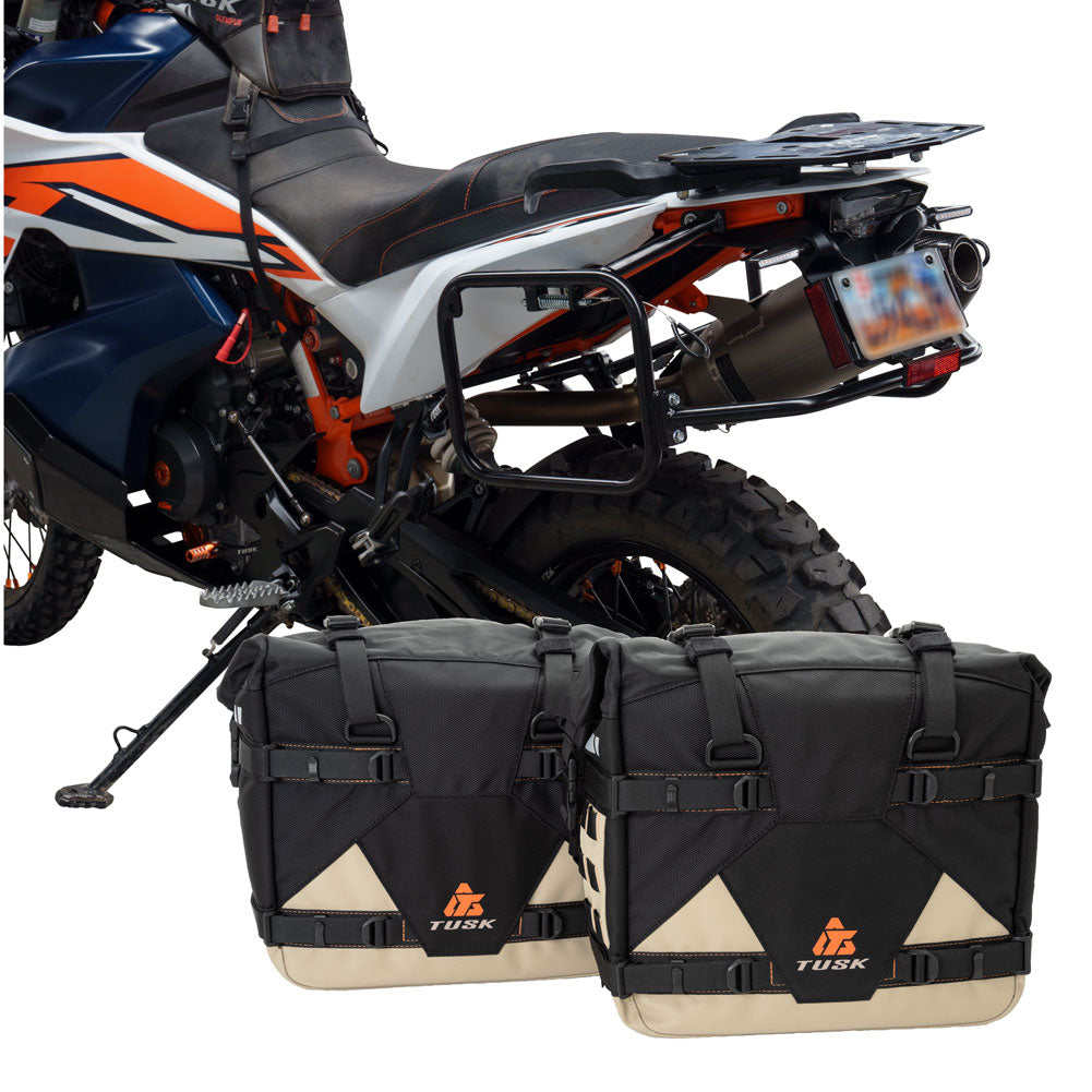 Tusk 2032160036 Pannier Racks w/ Pilot Pannier Bags & Bottle Holders Blk/Tan