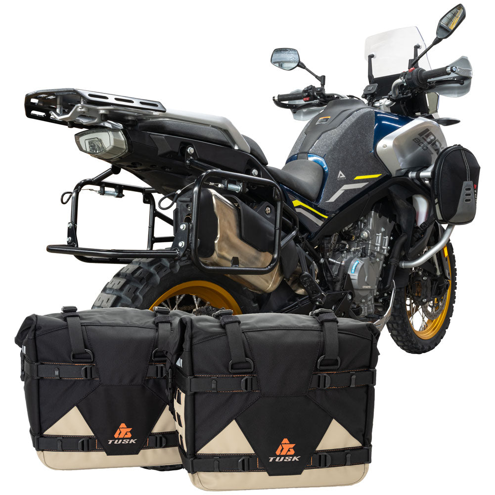 Tusk 2032160059 Pannier Racks w/ Pilot Pannier Bags & Bottle Holders Blk/Tan