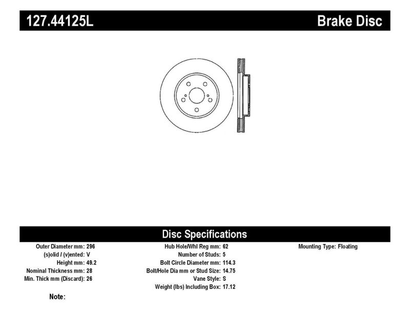 Stoptech 127.44125L 02 Lexus ES 250/300/330/350 / 05-07 Toyota Avalon Slotted & Drilled Left Front Rotor