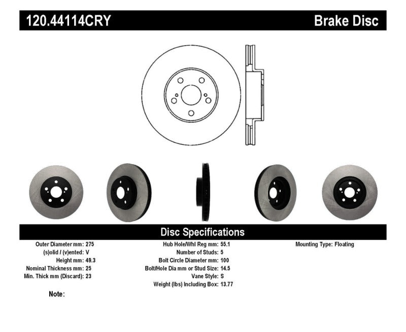 Stoptech 120.44114CRY 01-05 Toyota Celica GT & GT-S/05-09 Scion tC Front CRYO-STOP Rotor