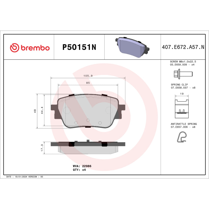 Brembo OE P50151N fits Mercedes GLB250/A220/GLA250/CLA250 Rear NAO Brake Pad