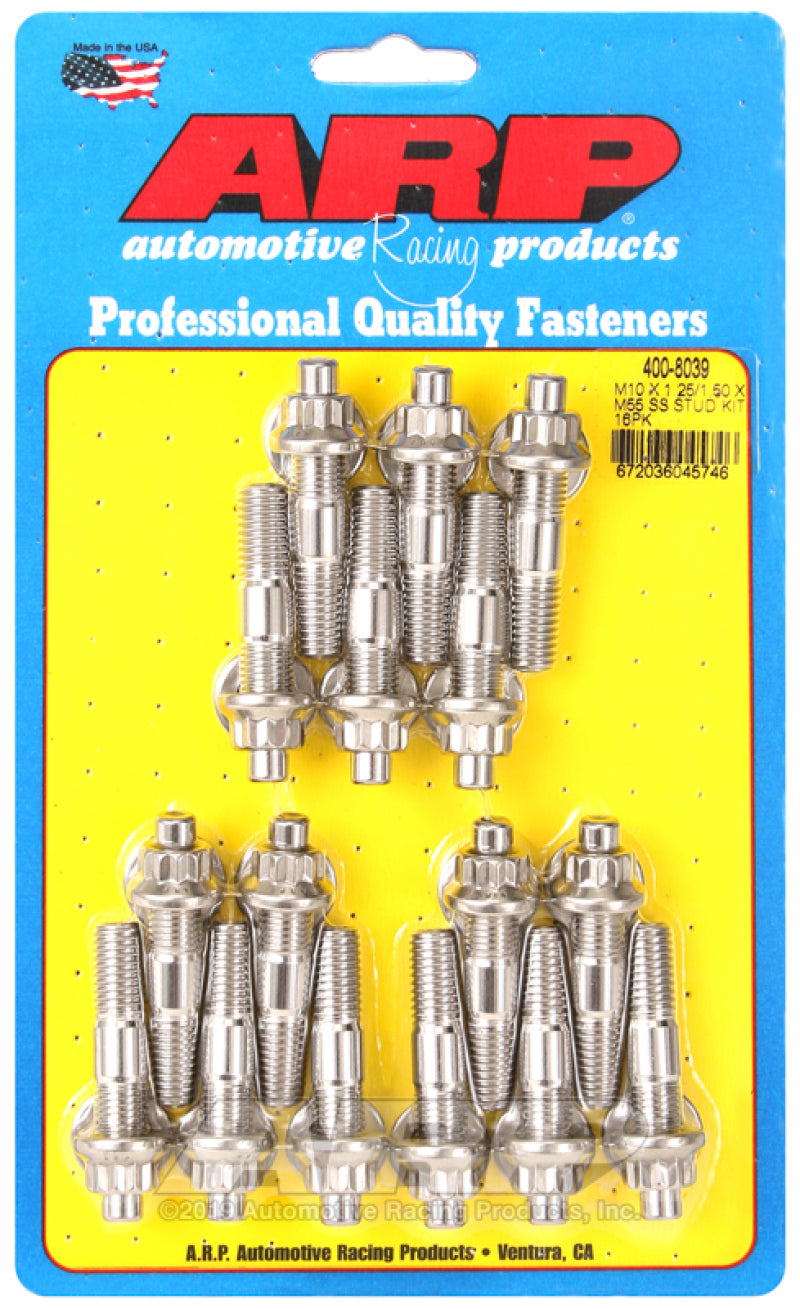 ARP 400-8039 M10 x 1.25/1.50 x 55mm Stainless Steel Broached Stud Kit - 16 Piec