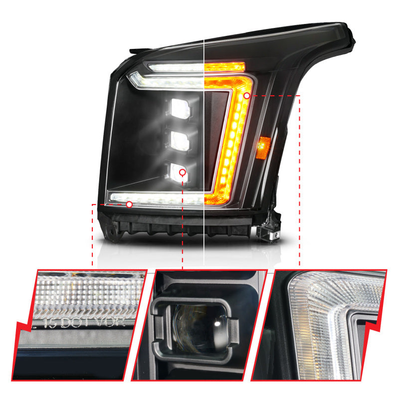 ANZO 111635X-R 15-20 fits GMC Yukon (Incl XL - Factory Halogen Models) Full LED Proj Headlights Black - Pass. Side