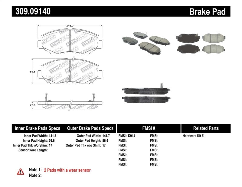 Stoptech 309.0914 Performance 03-10 fits Honda Accord / 02-06 CR-V / 03-08 Pilot Front Brake Pads