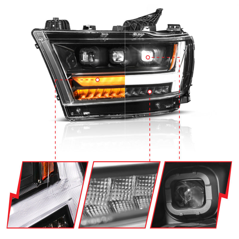 ANZO 111628A-R 19-24 fits RAM 1500 (New Body/OE Halogen) Full LED Proj Headlights DRL/SeqSig Black - Pass. Side