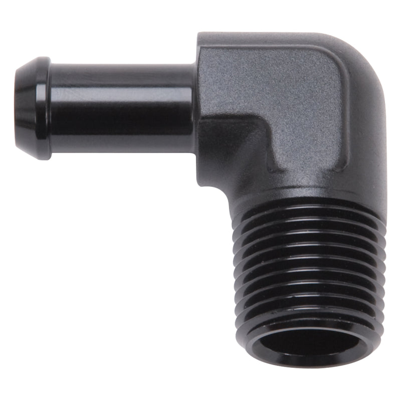 Edelbrock 8169 Hose End 90-Deg 1/2In NPT to 3/8In Barb Black Anodize