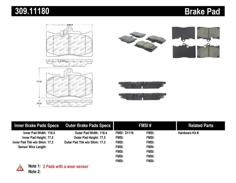 Stoptech 309.1118 Performance 06 fits Lexus GS300/430 / 07-08 GS350 / 06-08 IS350 Front Brake Pads