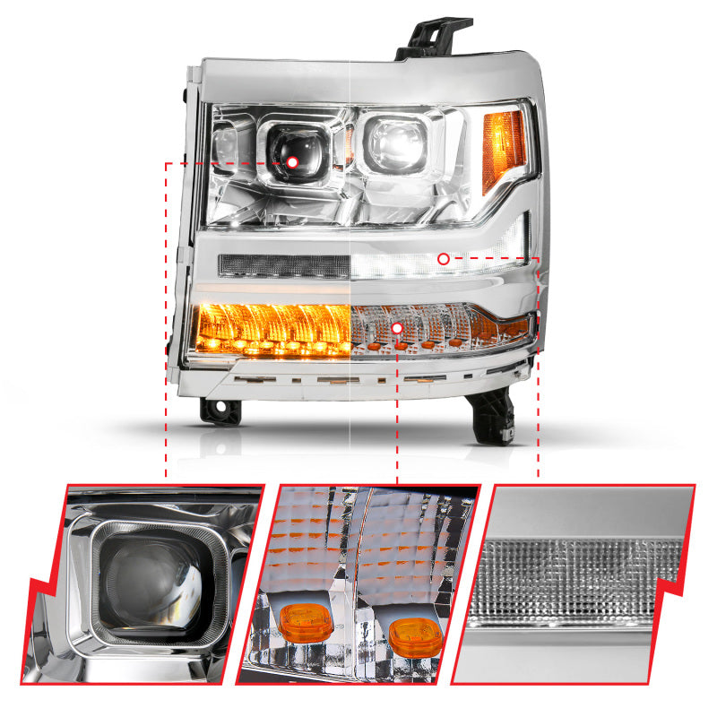ANZO 111623A 16-18 fits Chevy Silverado 1500 (Factory HID Models ONLY) Full LED Proj Headlights Chrome - Pair