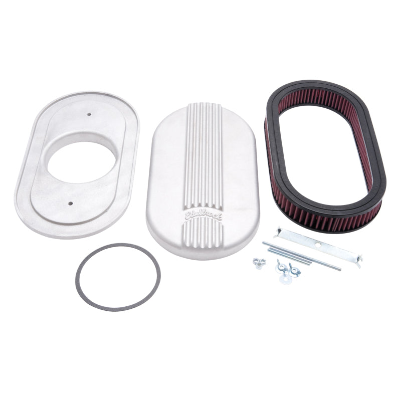 Edelbrock 41159 Air Cleaner Classic Series Oval Aluminum Top Cloth Element 17 5In X 9 35In X 3 9In Satin