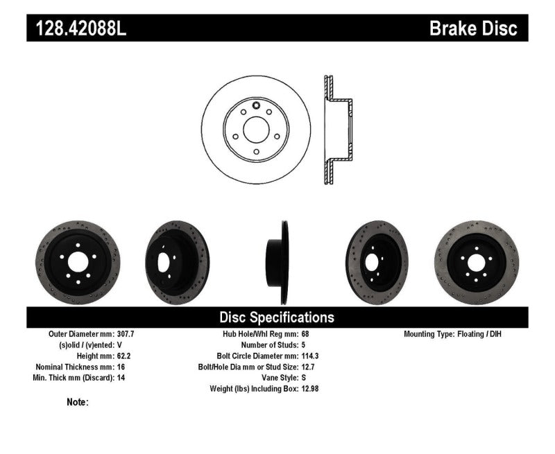 Stoptech 128.42088L 08-09 Infiniti EX35 / 05-08 G35 / 09 G37 / 06-09 M35/M45 Drilled Left Rear Rotor