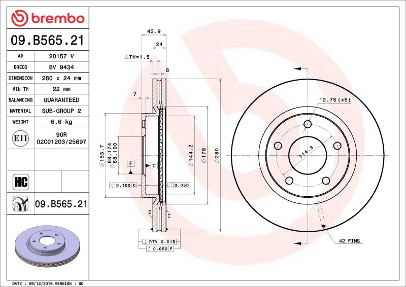 Brembo OE 09.B565.21 13-19 fits Nissan Sentra UV Coated Brake Disc - Front