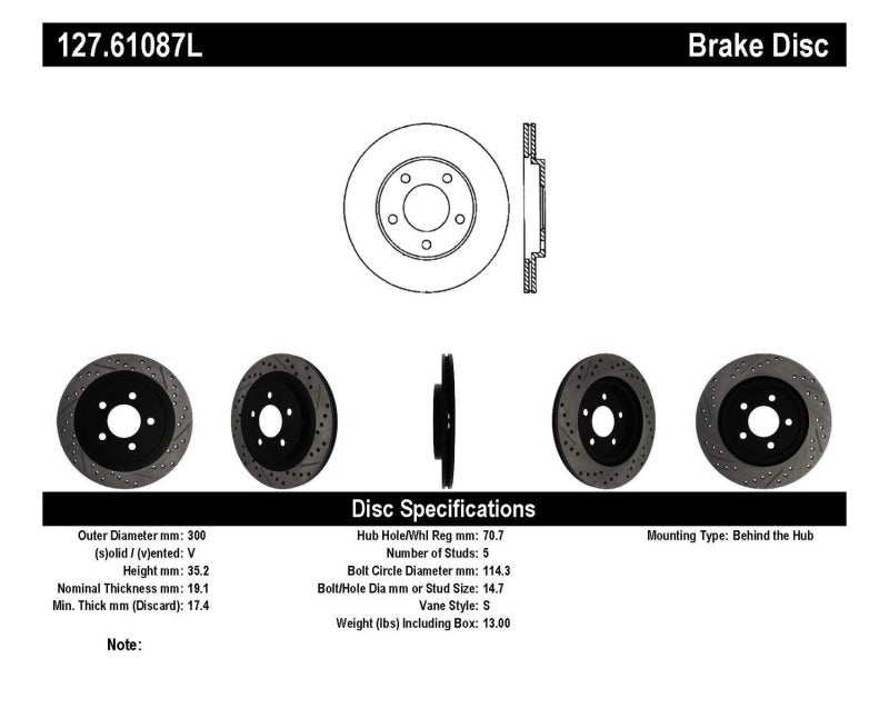 Stoptech 127.61087L 05-10 fits Ford Mustang Slotted & Drilled Left Rear Rotor
