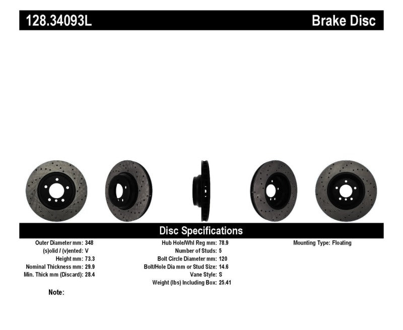 Stoptech 128.34093L 07-10 BMW 335i Cross Drilled Left Front Rotor