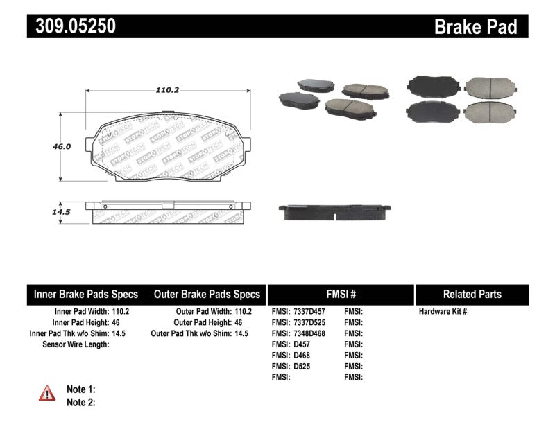 Stoptech 309.0525 Performance 90-93 fits Mazda Miata Front Brake Pads D525