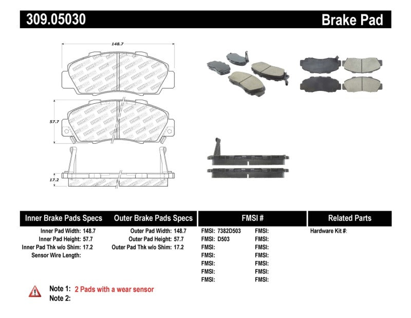 Stoptech 309.0503 Performance 97-99 fits Acura CL/ 97-01 Integra Type R/91-95 Legend/91-05 NSX Front Brake Pads