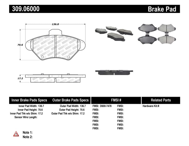 Stoptech 309.06 Performance 94-98 Ford Mustang / 93-97 Thunderbird / 93-97 Mercury Cougar Front Brake Pads