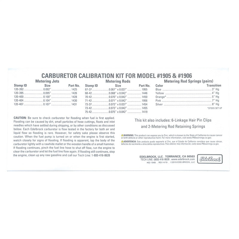 Edelbrock 1948 Calibration Kit for 1905 / 1906
