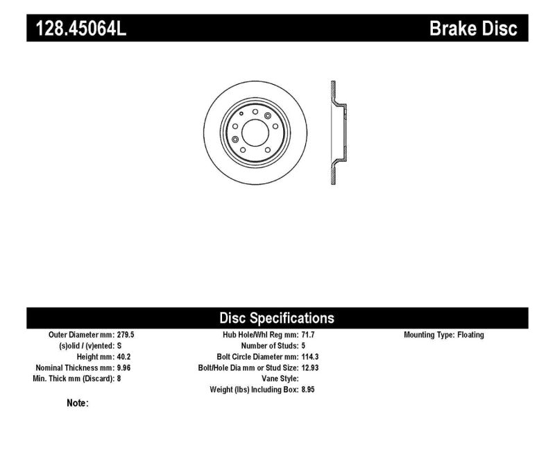 Stoptech 128.45064L 06-10 Ford Fusion / 06-10 Mazda Miata MX-5 / 03-09 Mazda 6 Drilled Left Rear Rotor