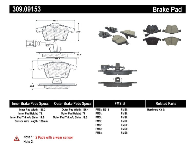 Stoptech 309.09153 Performance 08-09 VW Golf R/Golf R32 / 06-09 Passat (Exc Syncro) Front Brake Pads