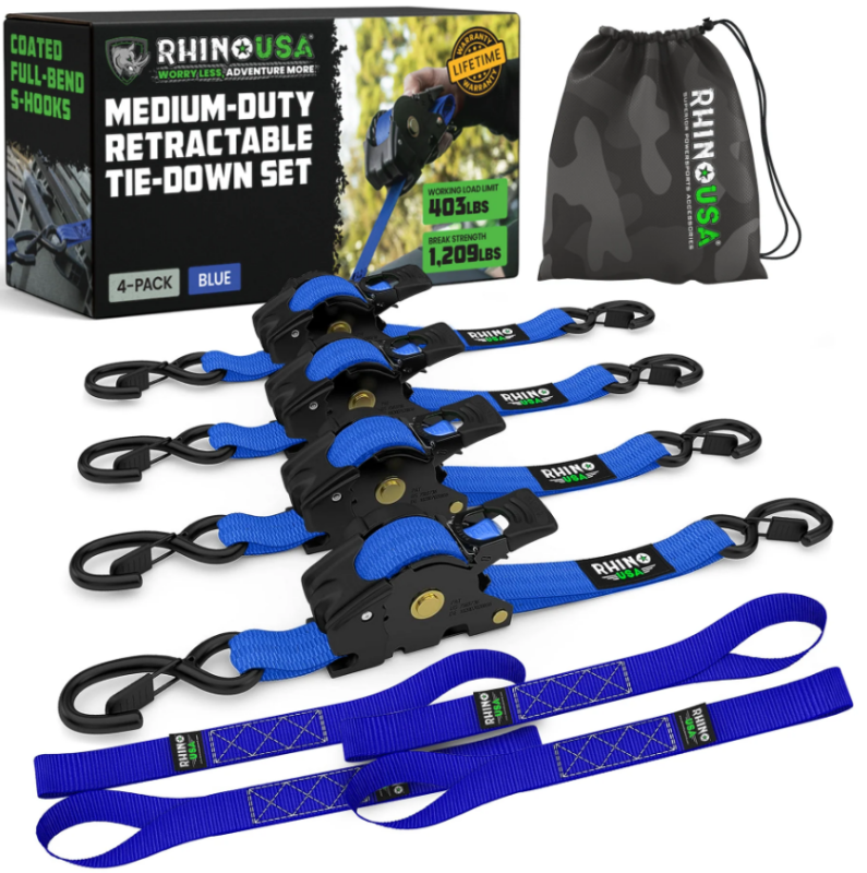 Rhino USA TD-RSRE1X10-2BLU Retractable Ratchet Straps (2Pk 1Inx10Ft) Blue