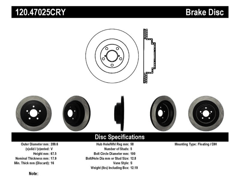 Stoptech 120.47025CRY 06-07 WRX / 05-08 LGT Rear CRYO-STOP Rotor