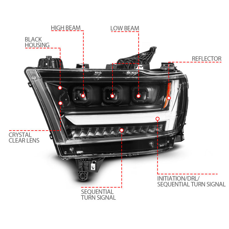 ANZO 111628A-R 19-24 fits RAM 1500 (New Body/OE Halogen) Full LED Proj Headlights DRL/SeqSig Black - Pass. Side