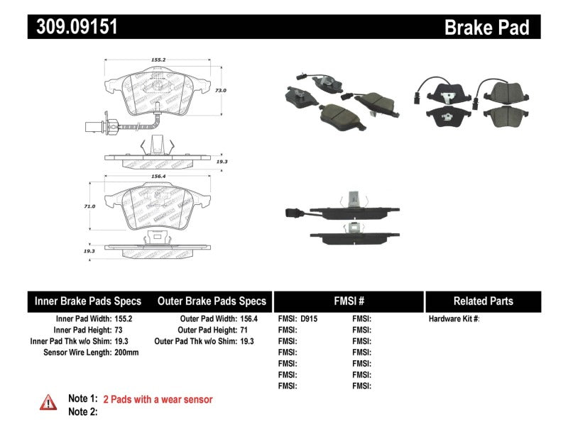 Stoptech 309.09151 Performance 1/05-09 Audi A4/A4 Quattro Front Brake Pads