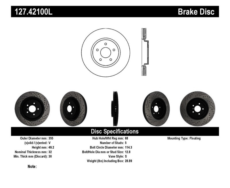 Stoptech 127.42100L fits Infiniti G37 / Nissan 370Z SportStop Slotted & Drilled Front Left Rotor