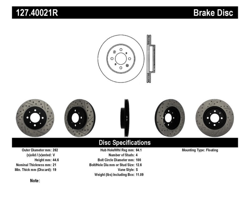 Stoptech 127.40021R 90-01 fits Acura Integra (exc. Type R) / 01-05 Honda Civic / 07+ Honda Fit / 93-97 Del Sol VTEC