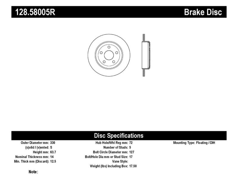 Stoptech 128.58005R Drilled Sport Brake Rotor 11-17 Jeep Grand Cherokee (Excludes SRT8)