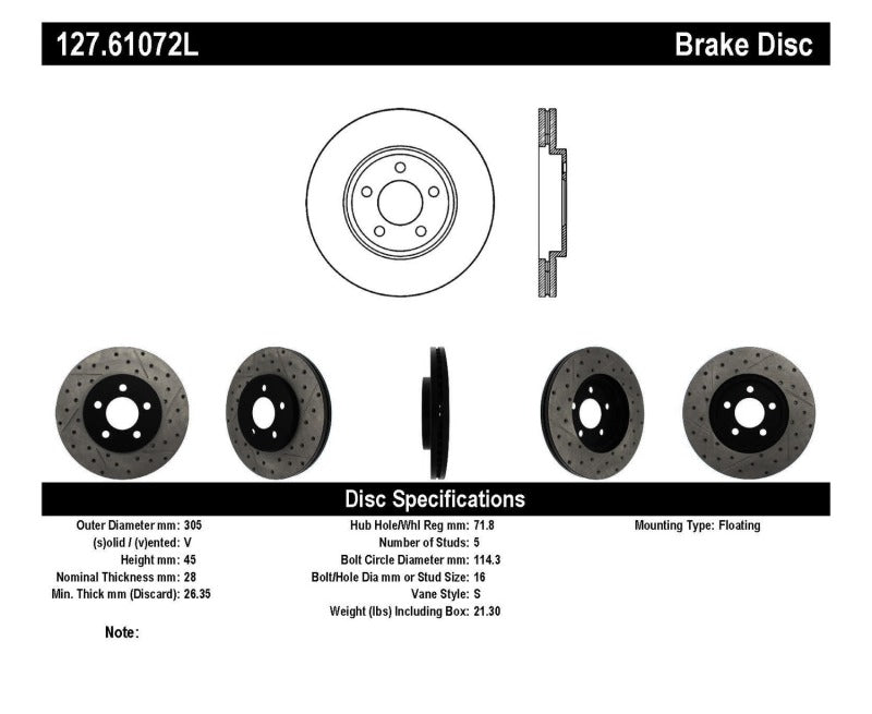 Stoptech 127.61072L 03-09 Lincoln Town Car / 03-09 Mercury Grand Marquis Front Left Slotted & Drilled Rotor