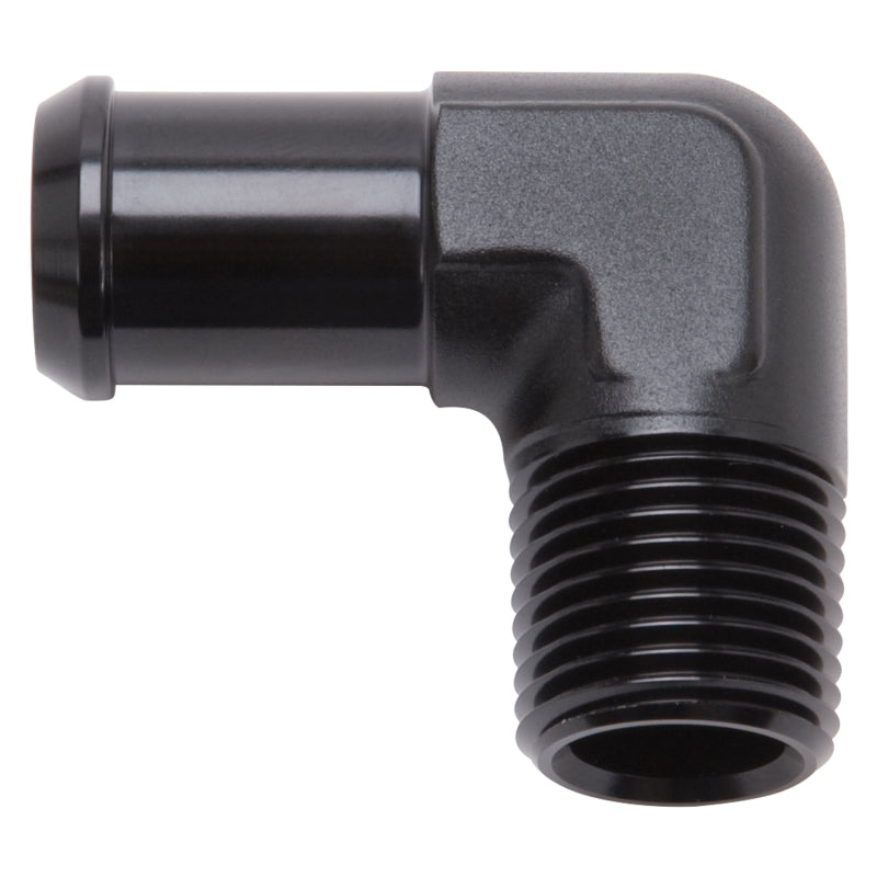 Edelbrock 8180 Hose End 90-Deg 1/2In NPT to 1/2In Barb Black Anodize