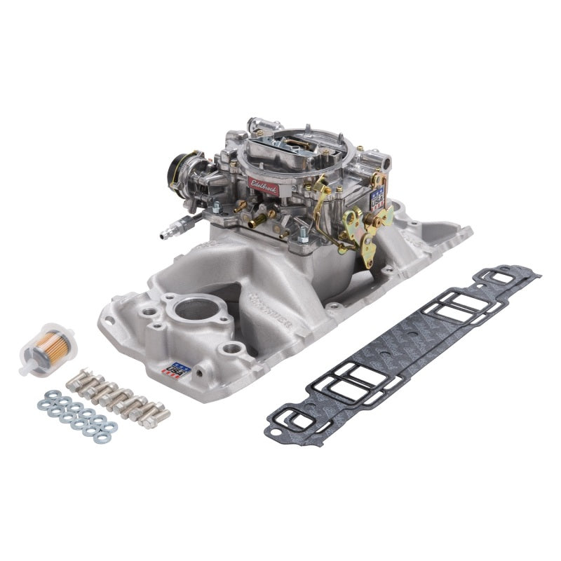 Edelbrock 2020 Manifold And Carb Kit Performer Air-Gap Small Block fits Chevrolet 1957-1986 Natural Finish