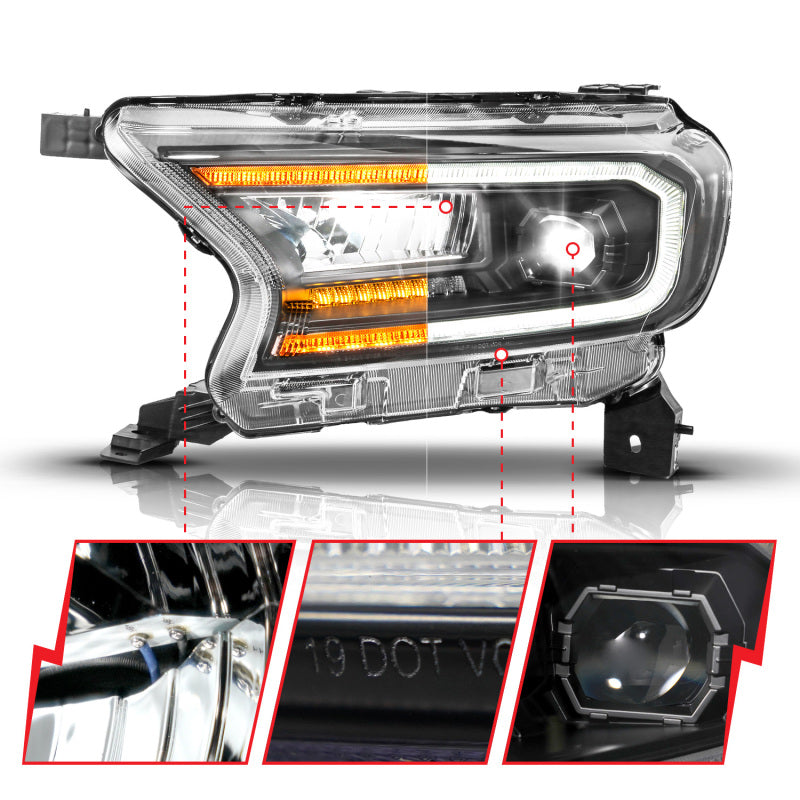 ANZO 111632A 19-23 fits Ford Ranger (Factory Halogen Model) Full LED Proj Headlights Init/DRL/SeqSig Black - Pair