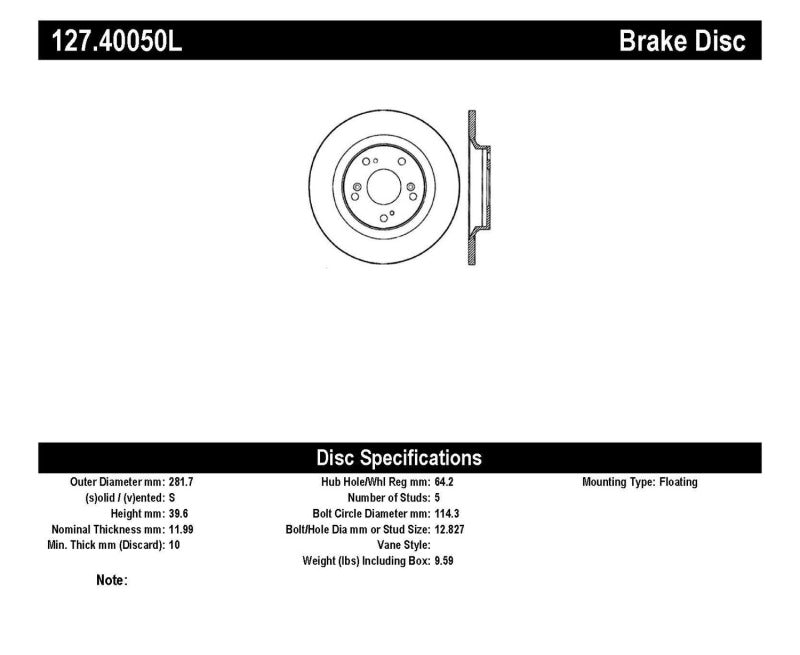 Stoptech 127.40050L 00-09 S2000 Slotted & Drilled Left Rear Rotor
